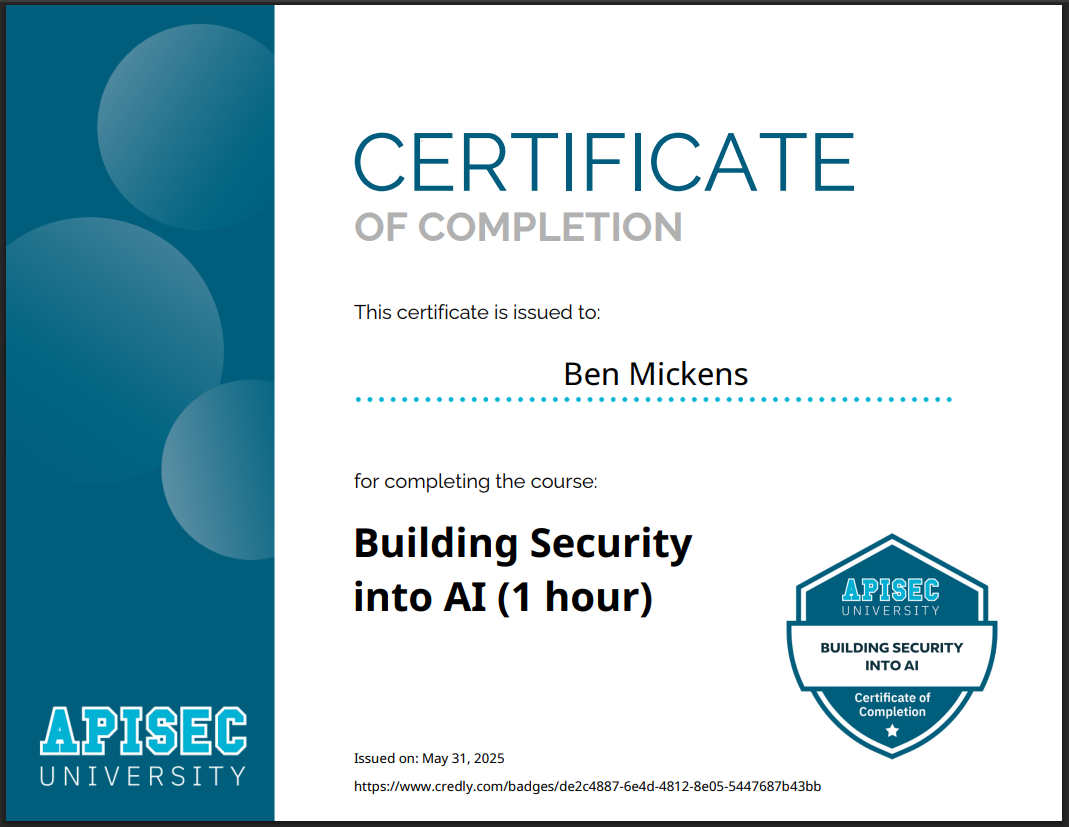 Building Security into AI certificate